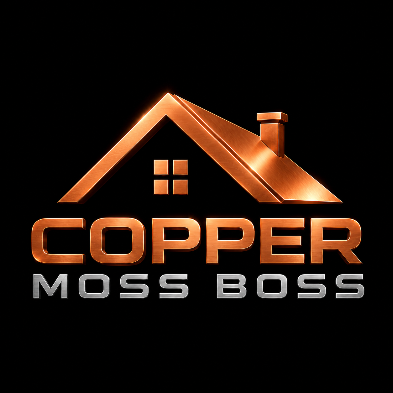 Copper Moss Boss logo with copper roof and silver lettering