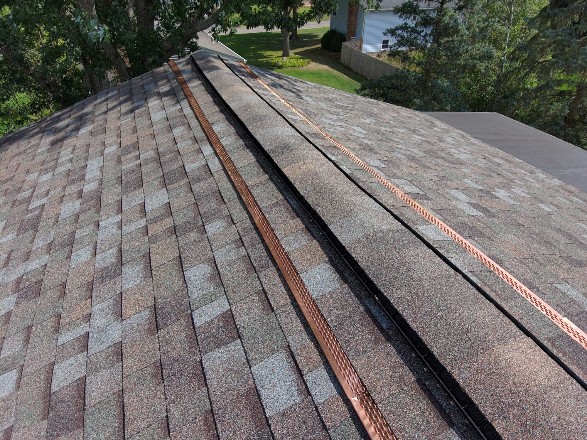 Copper Moss Boss strips installed along both sides of a shingle roof ridge